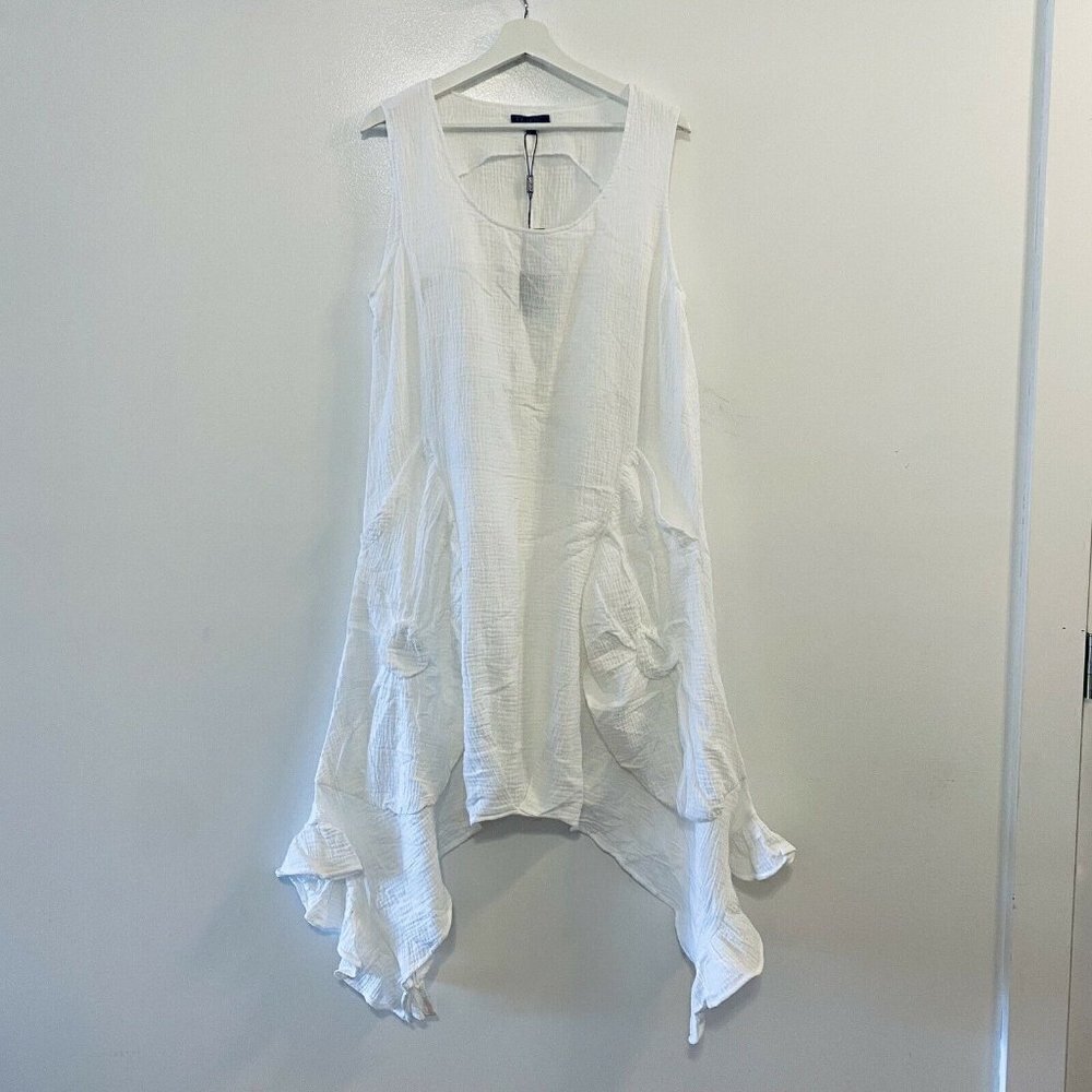 NEW For Cynthia Sleeveless Gauze Dress Asymmetric Hem Pockets White Size Large